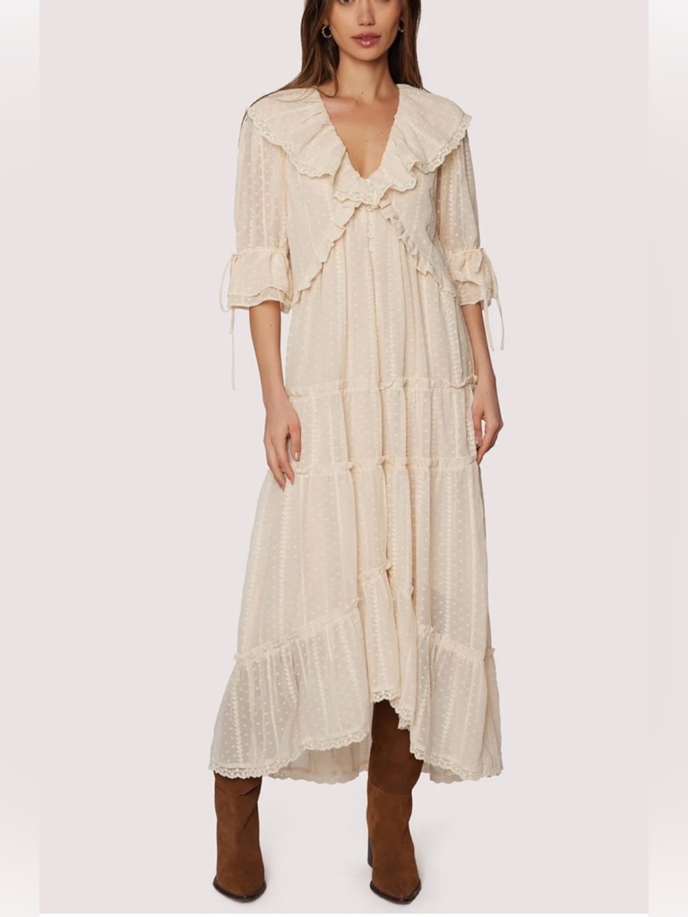 NWT Swiss dot maxi dress ivory cream chiffon ruffle prairie boho
